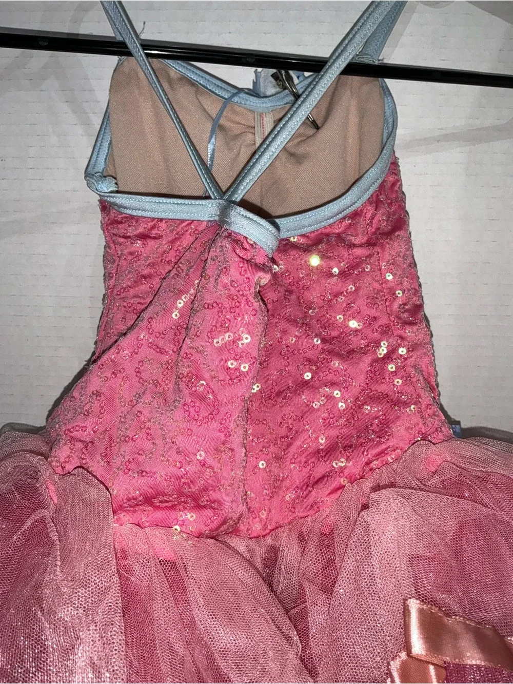 Weissman Pink Tulle Dance Dress with Blue Trim and Floral Accents Child Small